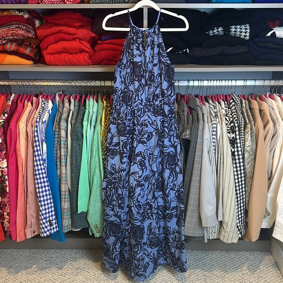 Loft navy blue floral sleeveless back button closure cinch tie maxi dress SP - Picture 3 of 3